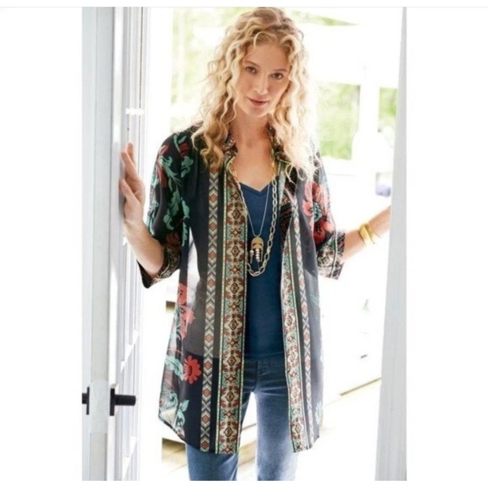 Soft Surroundings Navy Tribal iKat Print Button Up Tunic Top Kimono Jacket Sz XS - Picture 3 of 10